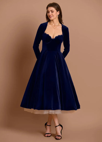 Elegant Wine Two Piece Long Sleeve Tea-Length Dress