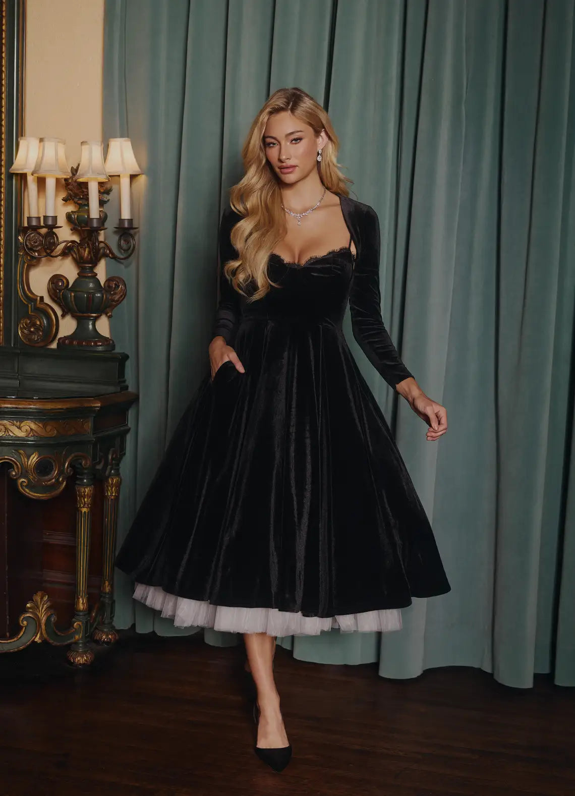 Elegant Wine Two Piece Long Sleeve Tea-Length Dress