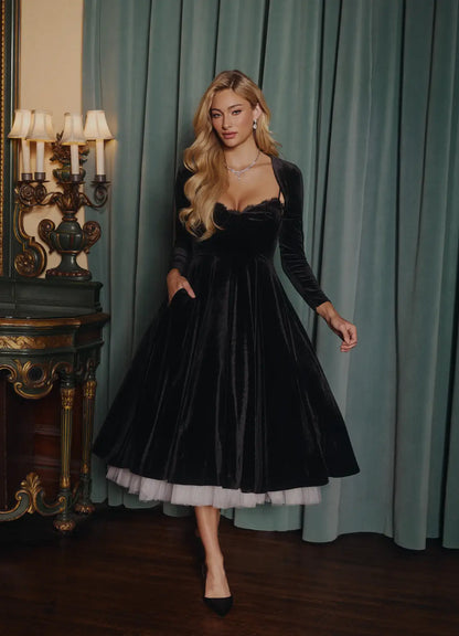 Elegant Wine Two Piece Long Sleeve Tea-Length Dress