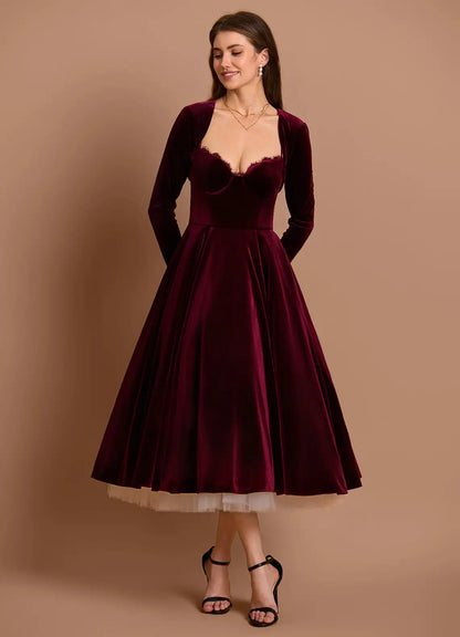 Elegant Wine Two Piece Long Sleeve Tea-Length Dress