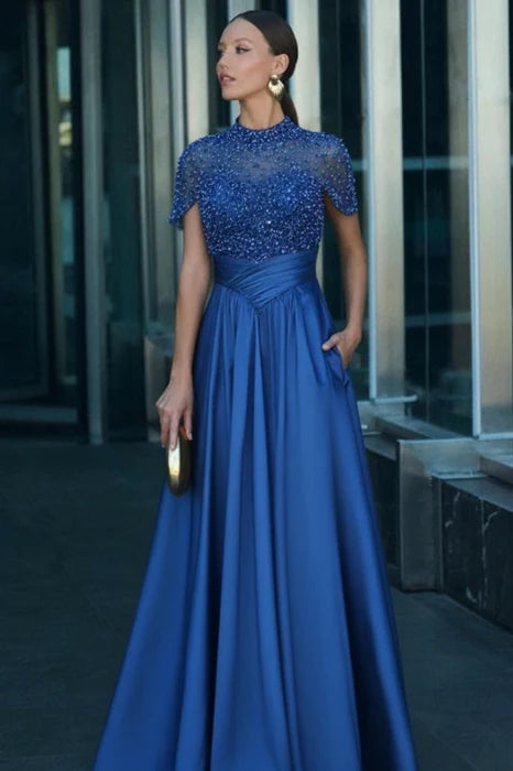 Charming Dark Green Satin Aline Evening Dress Short Sleeves with Beadings