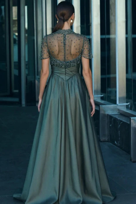 Charming Dark Green Satin Aline Evening Dress Short Sleeves with Beadings