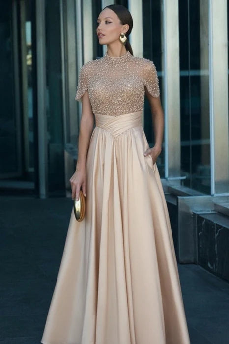 Charming Dark Green Satin Aline Evening Dress Short Sleeves with Beadings
