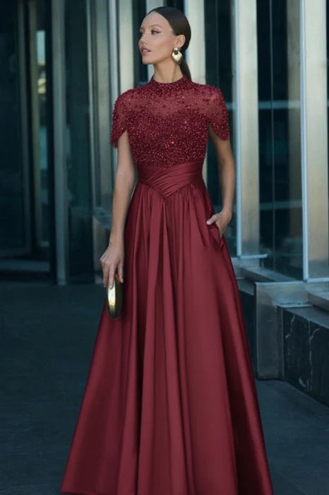 Charming Dark Green Satin Aline Evening Dress Short Sleeves with Beadings