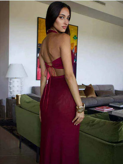 Sultry Burgundy Halter Neck Cutout Back Mermaid Evening Gown