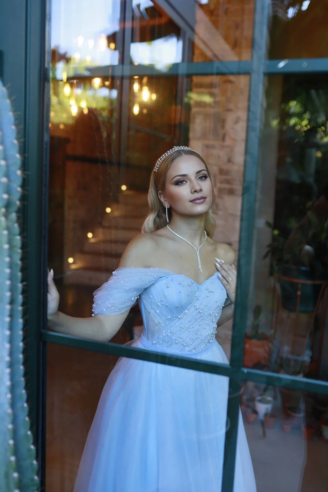 Tulle Ballgown Off-the-Shoulder Pearl-Embellished Sheer Sleeve Lace-Up Back Tea-Length Sky Blue Prom Dress