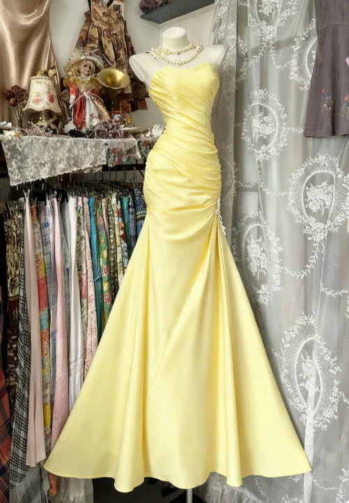 Sweetheart Mermaid Satin Long Prom Dresses Yellow Evening Dresses