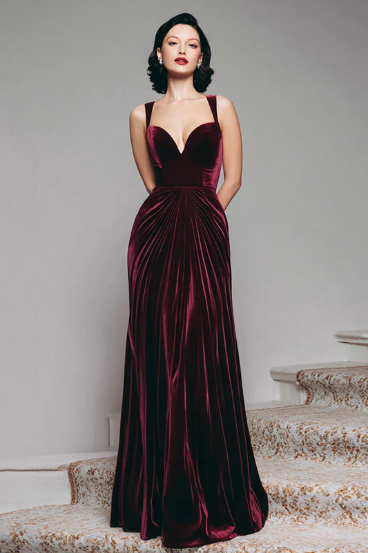 Burgundy Velvet Mermaid Thick Straps Ruched Long Holiday Party Dress