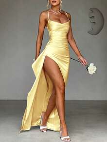 Sexy Adjustable Spaghetti Strap Ruffle Trim Slit Dress