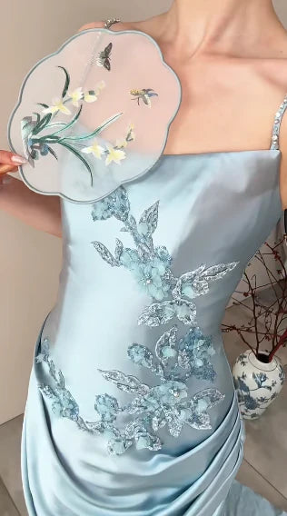 Stunning Mermaid Sapghetti Straps Satin Pleated Applique Long Prom Dress,Party Dress,Evening Dress