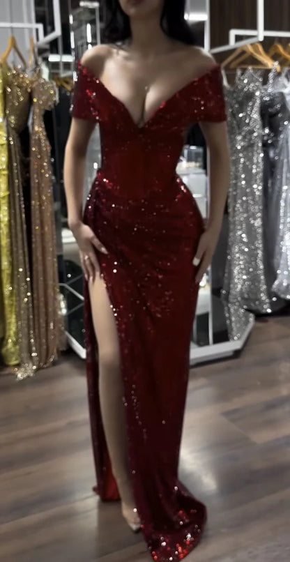 Stunning Off The Shoulder Sequin Evening Dress Glamour Burgundy Slit Party Gown