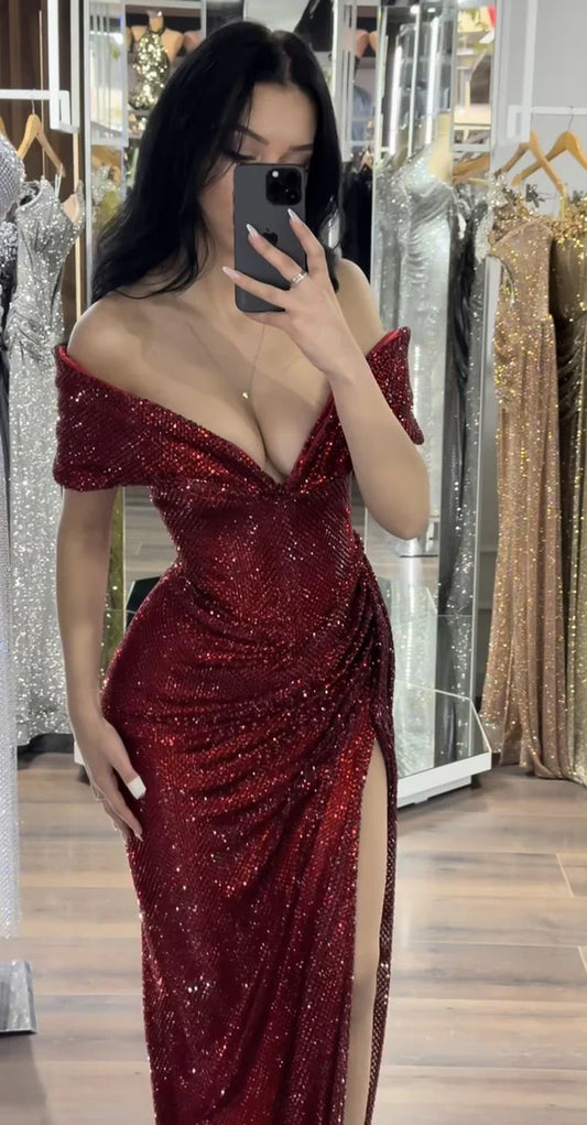 Stunning Off The Shoulder Sequin Evening Dress Glamour Burgundy Slit Party Gown