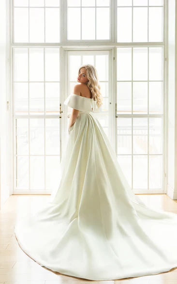Simple Modest Detachable Train Satin Mermaid Off-the-Shoulder Long Winter Wedding Dress Sexy Backless Sleeveless Bridal Gown