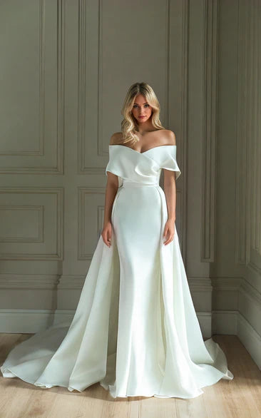 Simple Modest Detachable Train Satin Mermaid Off-the-Shoulder Long Winter Wedding Dress Sexy Backless Sleeveless Bridal Gown