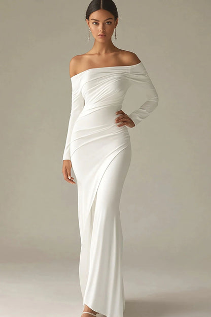 White Sheath Long Off the Shoulder Rehearsal Dinner Dress with Sleeves