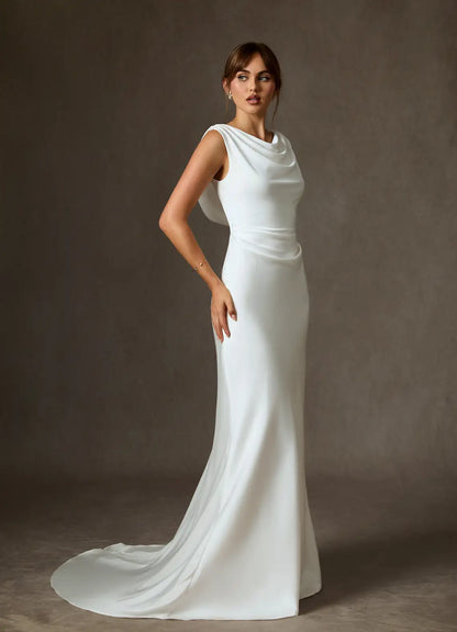 Elegant Diamond White Fit and Flare Stretch Satin Dress