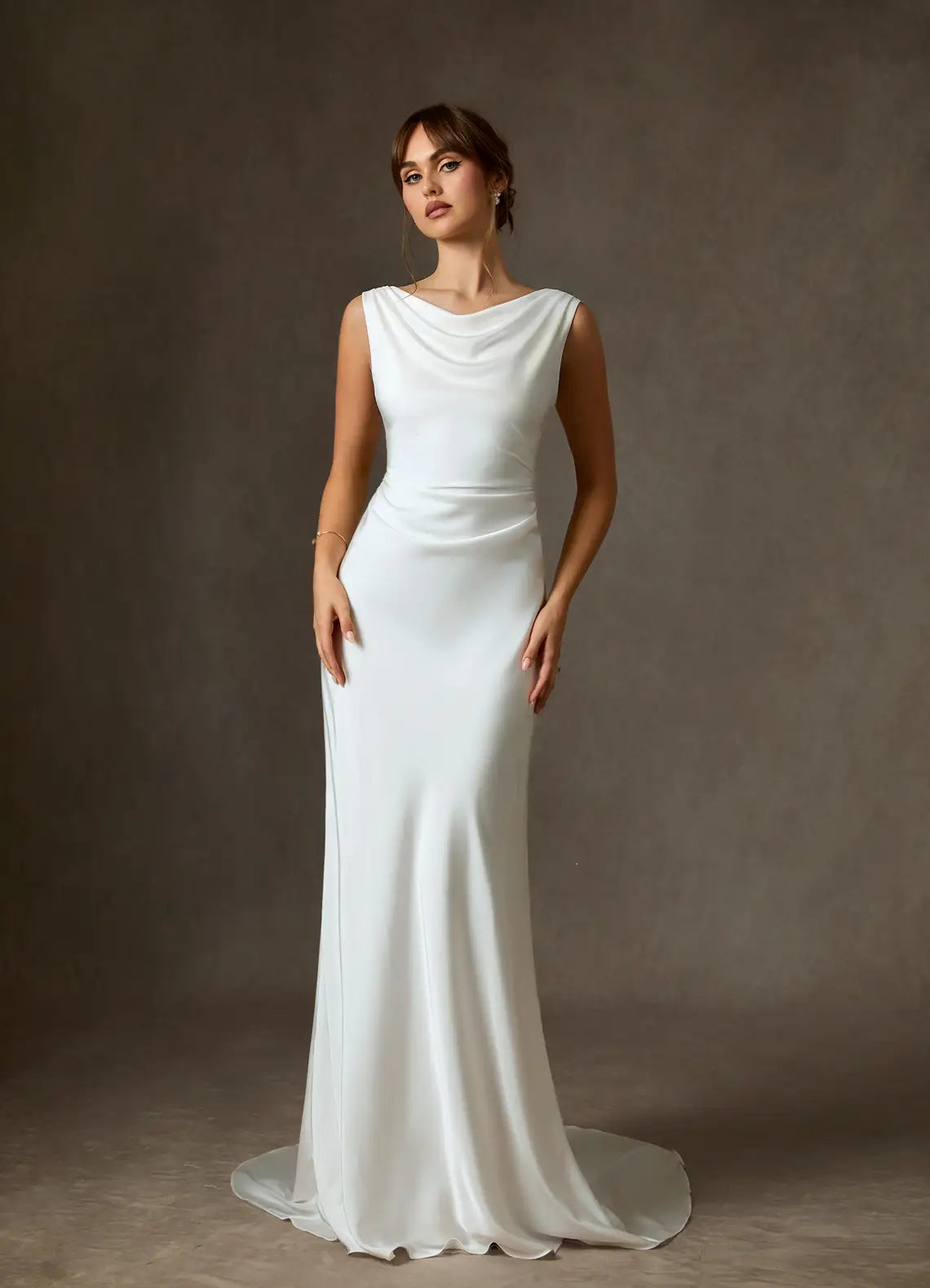Elegant Diamond White Fit and Flare Stretch Satin Dress