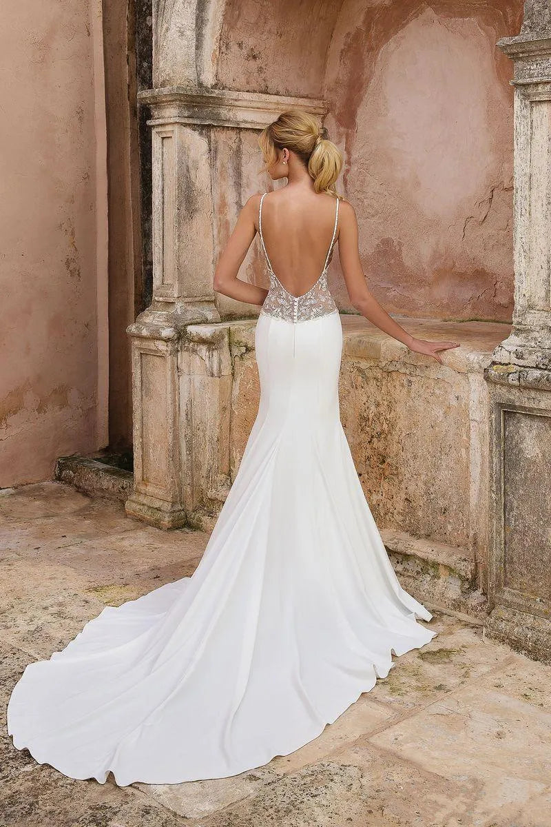 Elegant Satin Slim-Fit Spaghetti Strap V-Neck Beaded Mermaid Train Wedding Gown