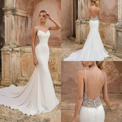 Elegant Satin Slim-Fit Spaghetti Strap V-Neck Beaded Mermaid Train Wedding Gown