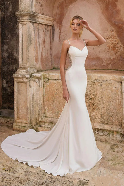 Elegant Satin Slim-Fit Spaghetti Strap V-Neck Beaded Mermaid Train Wedding Gown