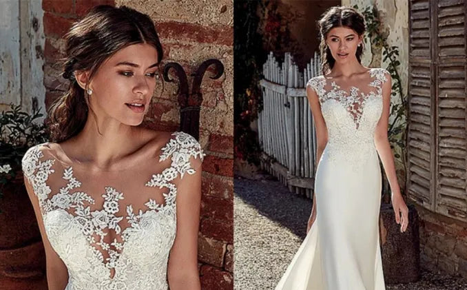 2026 Modest Soft Satin Scoop Sirena Vestidos de novia con apliques de encaje Vestidos de novia transparentes Ilusión Volver robe de mariee