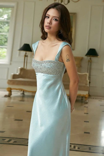 Elegant Satin Slim-Fit Spaghetti Strap V-Neck Beaded Mermaid Train Wedding Gown