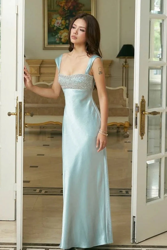 Elegant Satin Slim-Fit Spaghetti Strap V-Neck Beaded Mermaid Train Wedding Gown