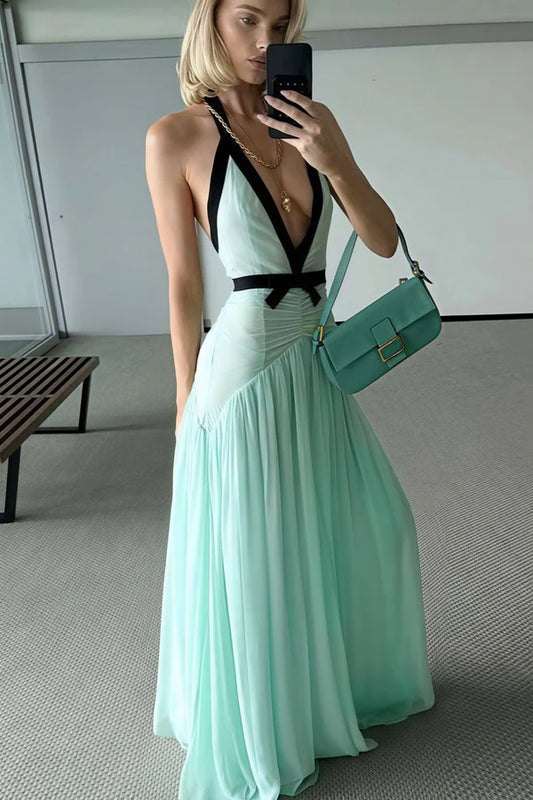Sexy  Halter Deep V-Neck Contrast Trim Ruched Maxi Evening Dress