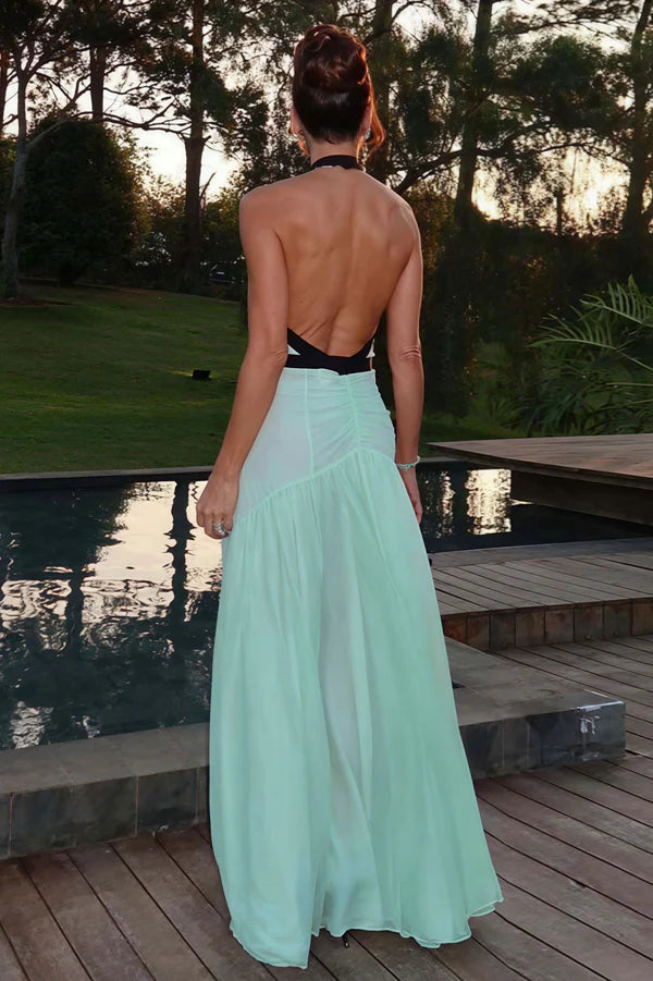 Sexy  Halter Deep V-Neck Contrast Trim Ruched Maxi Evening Dress
