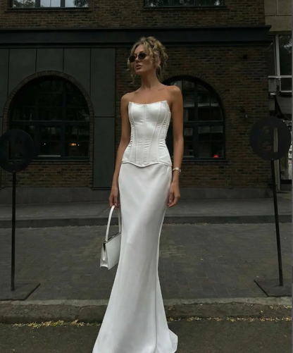 Elegant White Satin Strapless Corset Mermaid Train Formal Gown