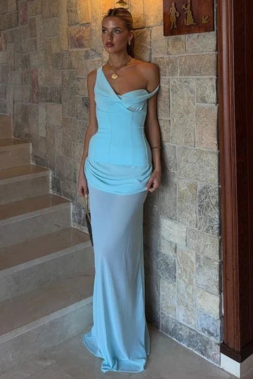 Chic Sky Blue One-Shoulder Asymmetrical Sheer Maxi Evening Dress