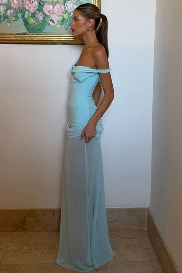 Chic Sky Blue One-Shoulder Asymmetrical Sheer Maxi Evening Dress