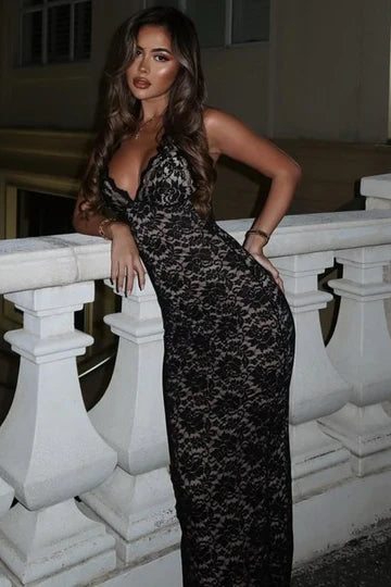 Sexy Black Lace Halter Deep V-Neck Bodycon Midi Prom Dress