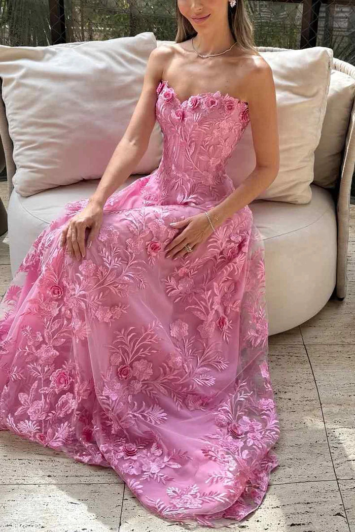 Romantic Pink Strapless 3D Floral Tulle Ballgown Formal Evening Gown