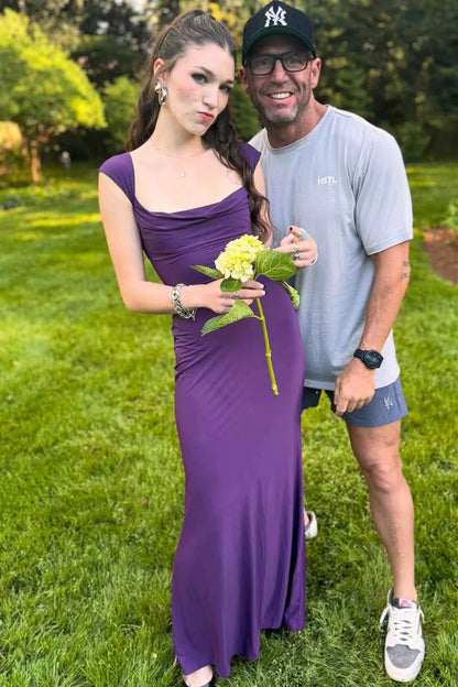 Sleek Purple Scoop Neck Ruched Bodycon Maxi Formal Evening Dress