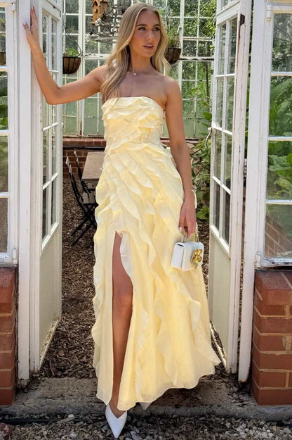Chic Yellow Strapless Ruffled High-Slit Midi Formal Evening Dress