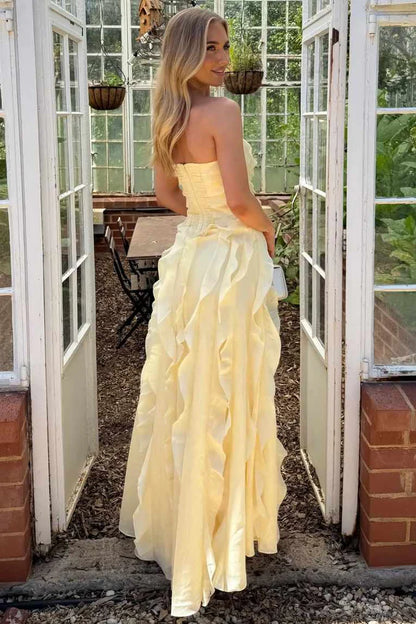 Chic Yellow Strapless Ruffled High-Slit Midi Formal Evening Dress