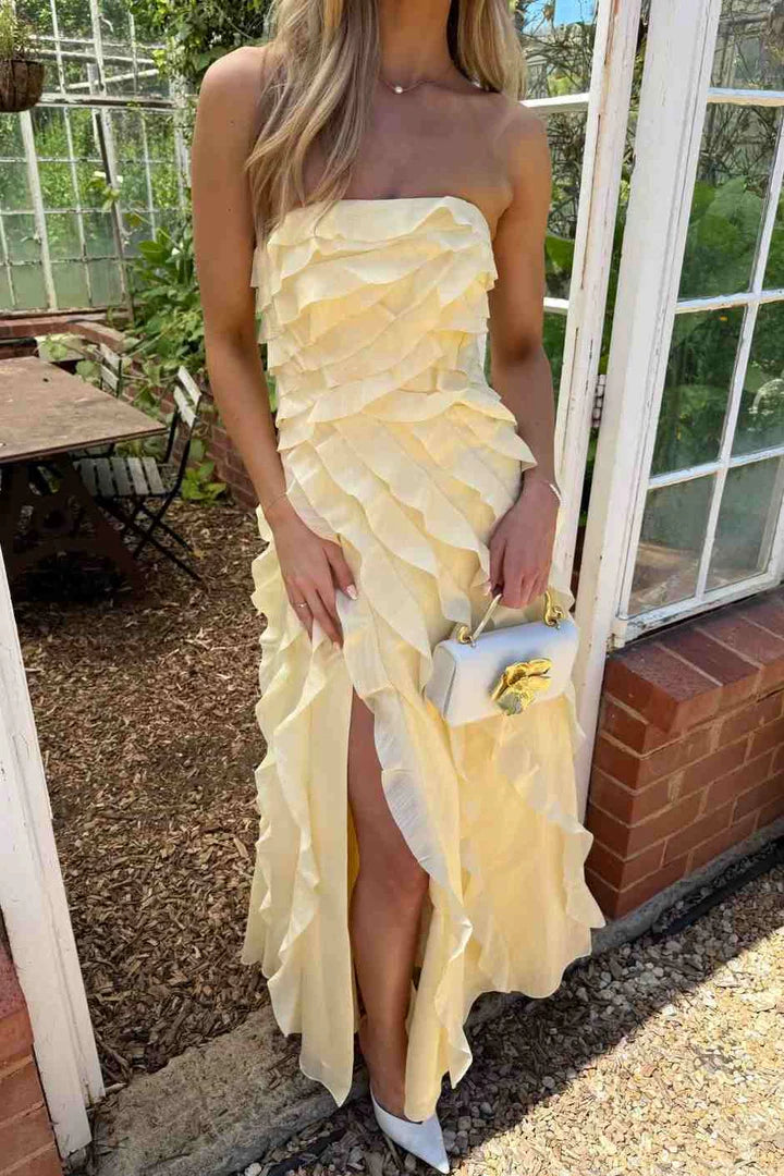 Chic Yellow Strapless Ruffled High-Slit Midi Formal Evening Dress