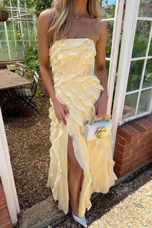 Chic Yellow Strapless Ruffled High-Slit Midi Formal Evening Dress