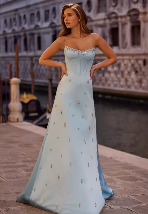 Elegant Sky Blue Strapless Crystal-Embellished Satin A-Line Gown