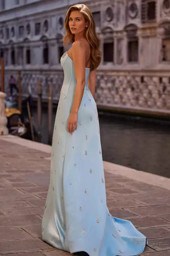 Elegant Sky Blue Strapless Crystal-Embellished Satin A-Line Gown