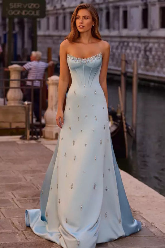 Elegant Sky Blue Strapless Crystal-Embellished Satin A-Line Gown