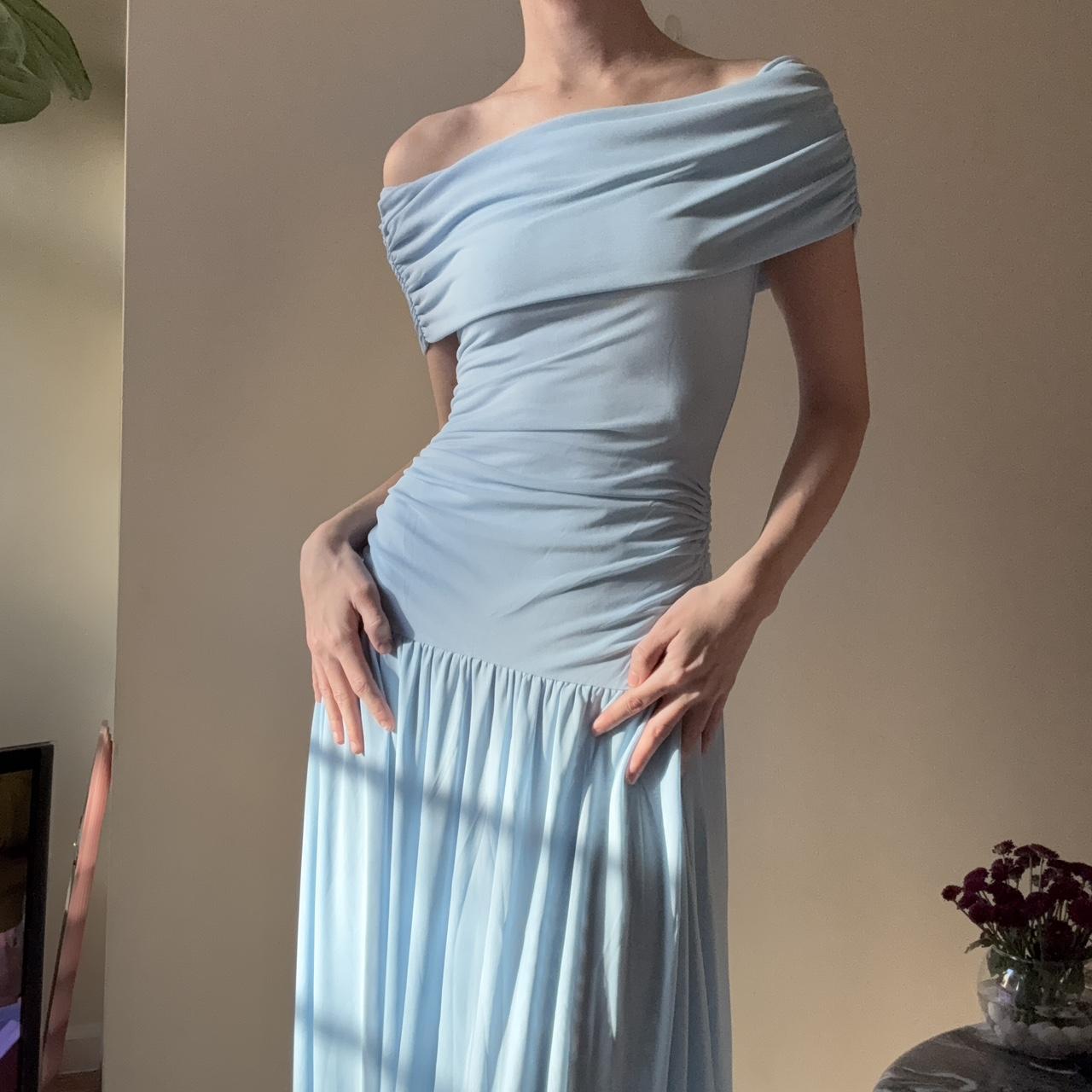 Soft Sky Blue Off-Shoulder Ruched Chiffon Maxi Formal Dress