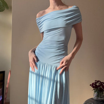 Soft Sky Blue Off-Shoulder Ruched Chiffon Maxi Formal Dress