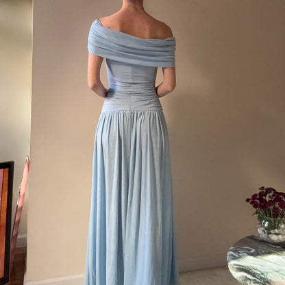 Soft Sky Blue Off-Shoulder Ruched Chiffon Maxi Formal Dress
