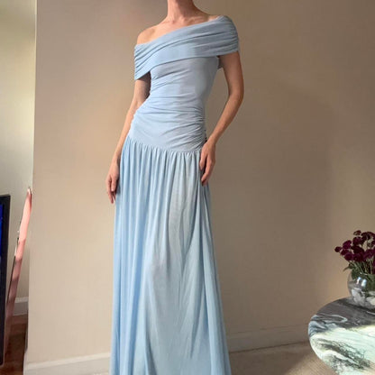 Soft Sky Blue Off-Shoulder Ruched Chiffon Maxi Formal Dress