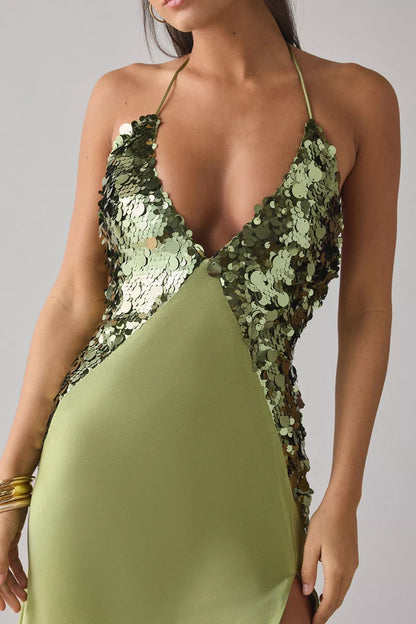 Glamorous Olive Green Halter Sequin-Accent Satin Midi Formal Dress