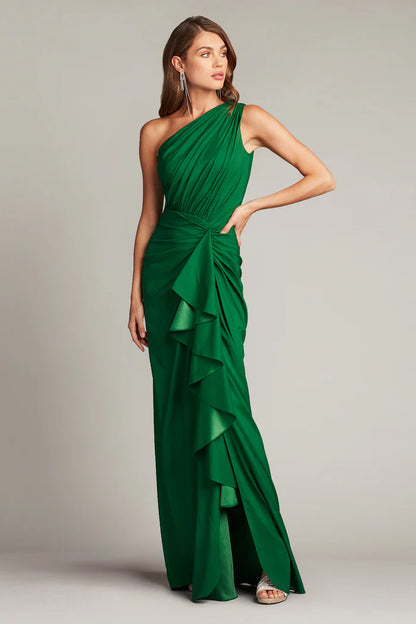Luxurious Emerald Green One-Shoulder Ruched Ruffled Maxi Formal Dress
