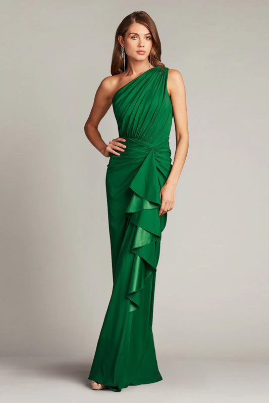 Luxurious Emerald Green One-Shoulder Ruched Ruffled Maxi Formal Dress