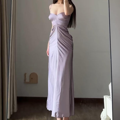 Refined Lavender Spaghetti-Strap Satin Cutout Formal Gown